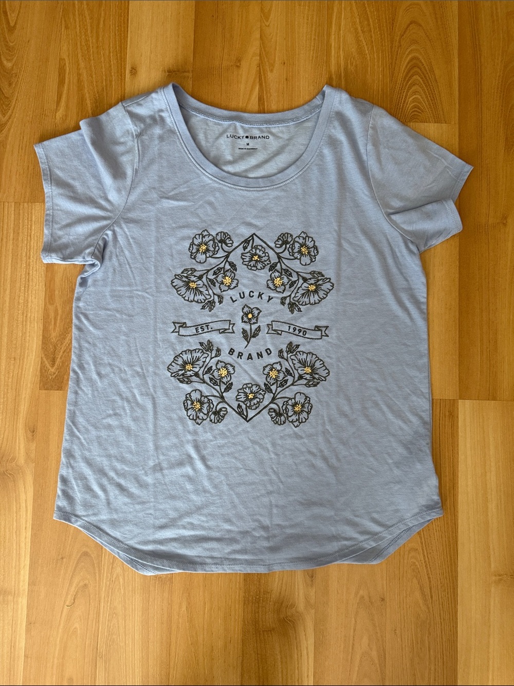 Lucky Brand Pale Blue Floral Graphic Tee with Yellow Accents